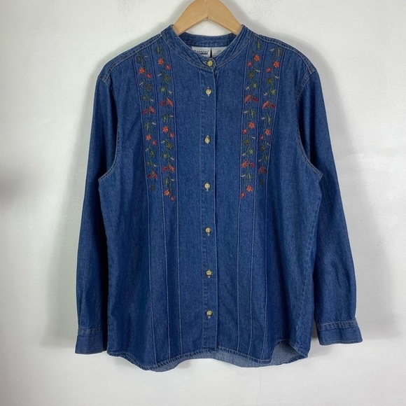 Vintage Denim Shoulder Pads Embroidery Button Down Shirt - Picture 1 of 7